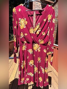 Women's Floral Faux Wrap Dress - Burgundy with Yellow Rose Print